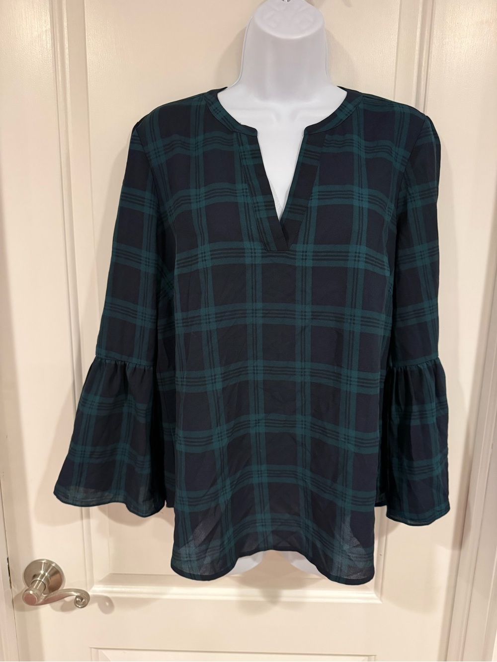J. Crew Navy and hunter green Plaid Split-Neck Bell Sleeve Blouse